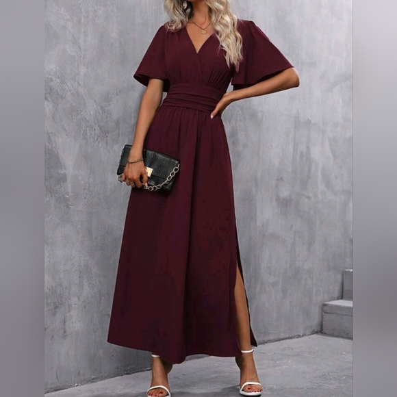 NEW Chic Ruched Waist Flutter Sleeve Maxi Dress Sangria Red Wine Purple - Picture 2 of 9